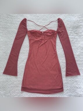 Dusty rose mauve pink chiffon sheer bodycon mini halter dress flared sleeves S